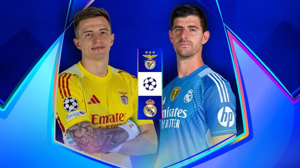 El portero del Benfica Anatoliy Trubin y el guardameta del Real Madrid Thibaut Courtois