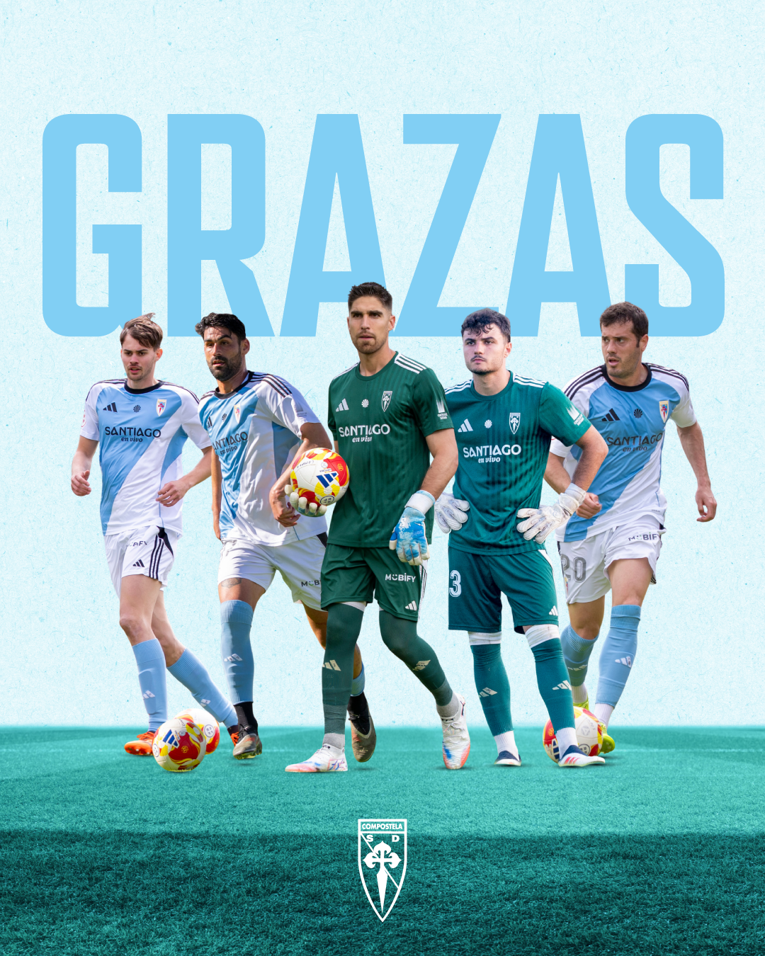 Cartel de despedida de la SD Compostela a Álex Cobo, Roi Graumann, Quico González, Stipe Zubanovic y Jesús Cañizares