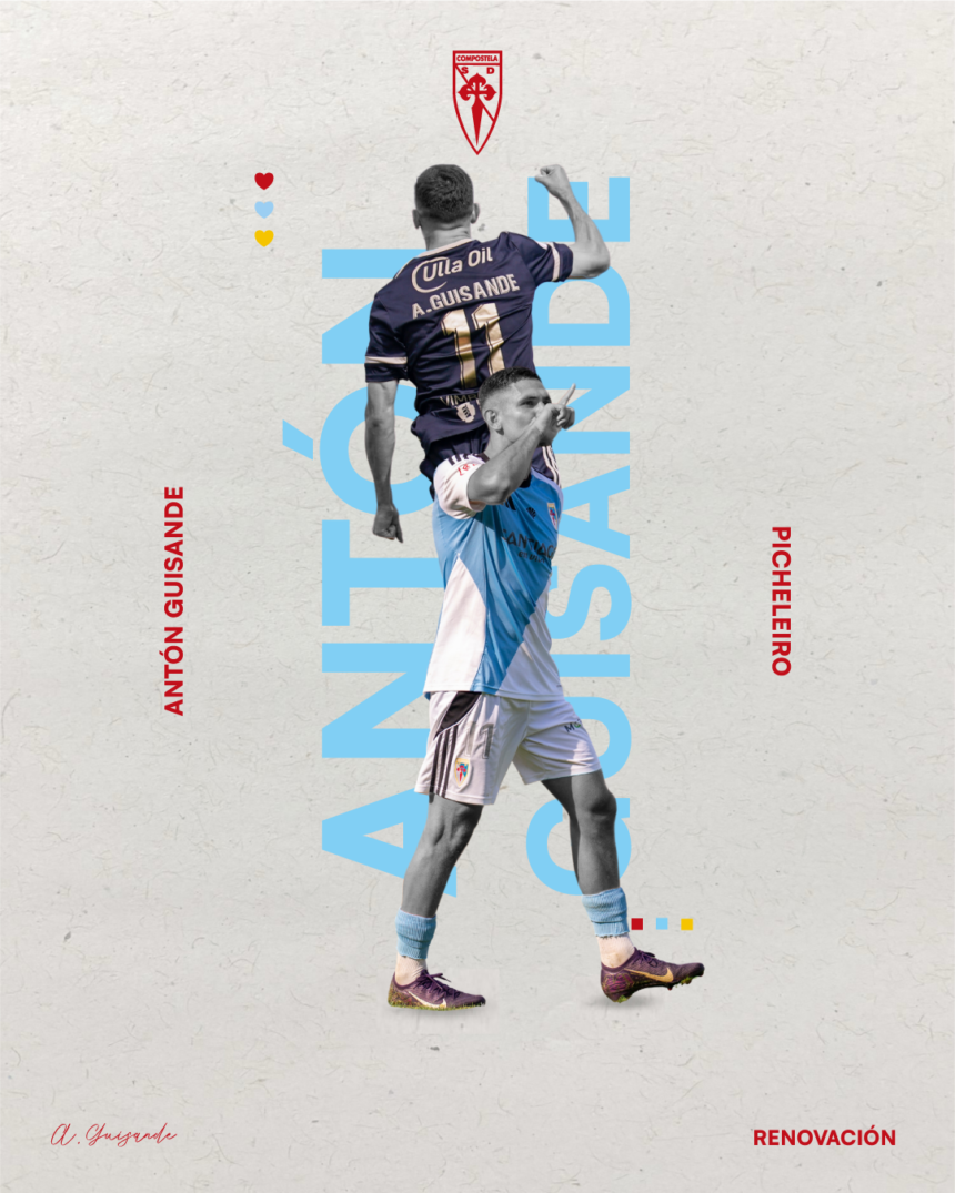 Antón Guisande celebra con la camiseta de la SD Compostela