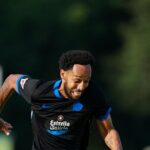 Aubameyang celebra su primer gol con el Deportivo ante el Lugo en Vilalba