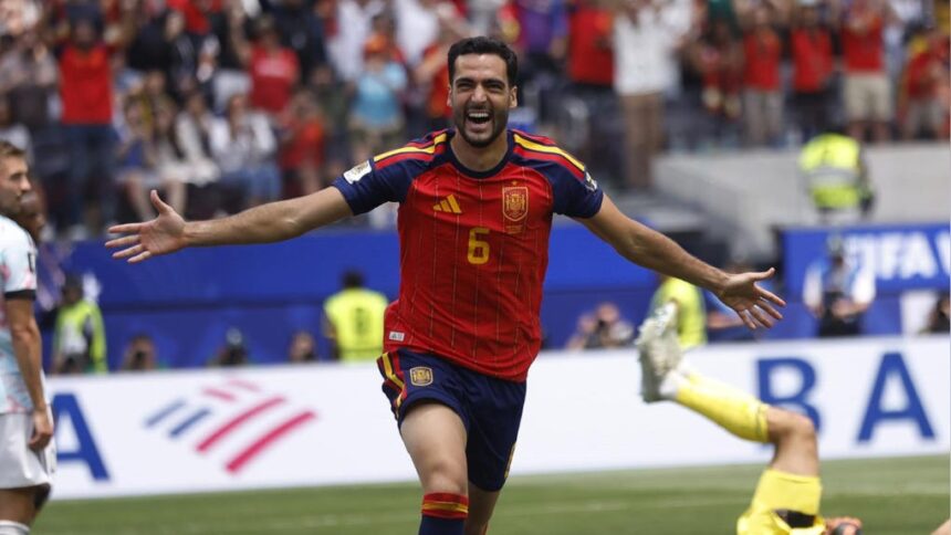 Mikel Merino celebra el gol de la victoria de España ante Bélgica en el Mundial 2026