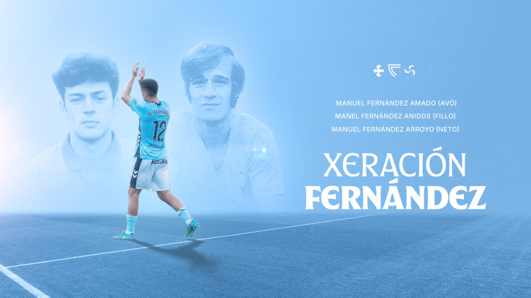Manu Fernández junto a las imágenes de su padre Manel Fernández Anidos y su abuelo Manuel Fernández Amado, las tres generaciones del Celta