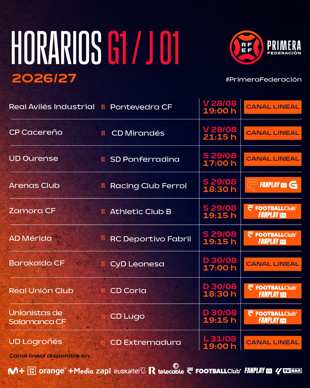 Horarios y televisiones de los equipos gallegos en la jornada 1 de Primera Federación 2026/27