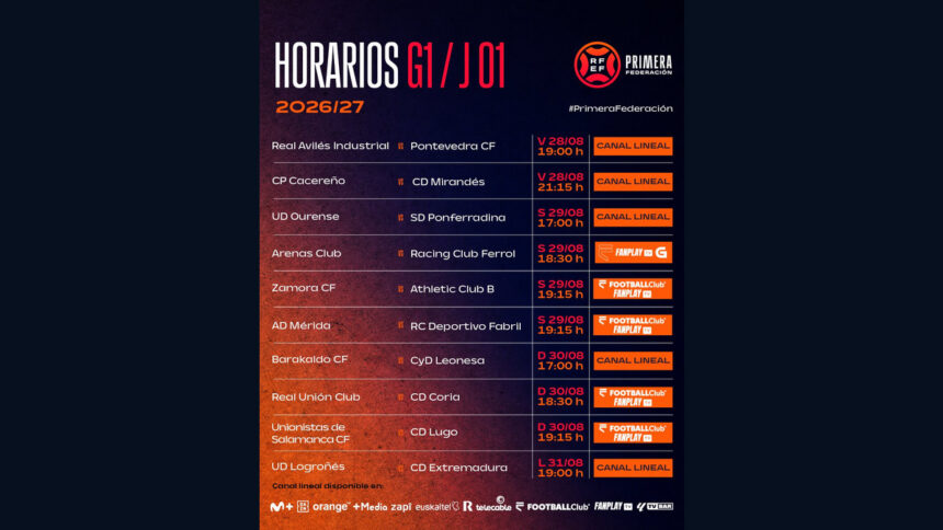 Horarios y televisiones de los equipos gallegos en la jornada 1 de Primera Federación 2026/27