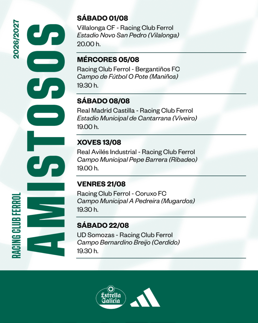 Calendario de pretemporada del Racing Club Ferrol 2026 con los amistosos ante Coruxo y Somozas