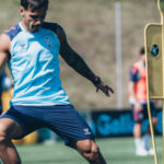 Un jugador del Celta durante un entrenamiento en la Cidade Deportiva Afouteza