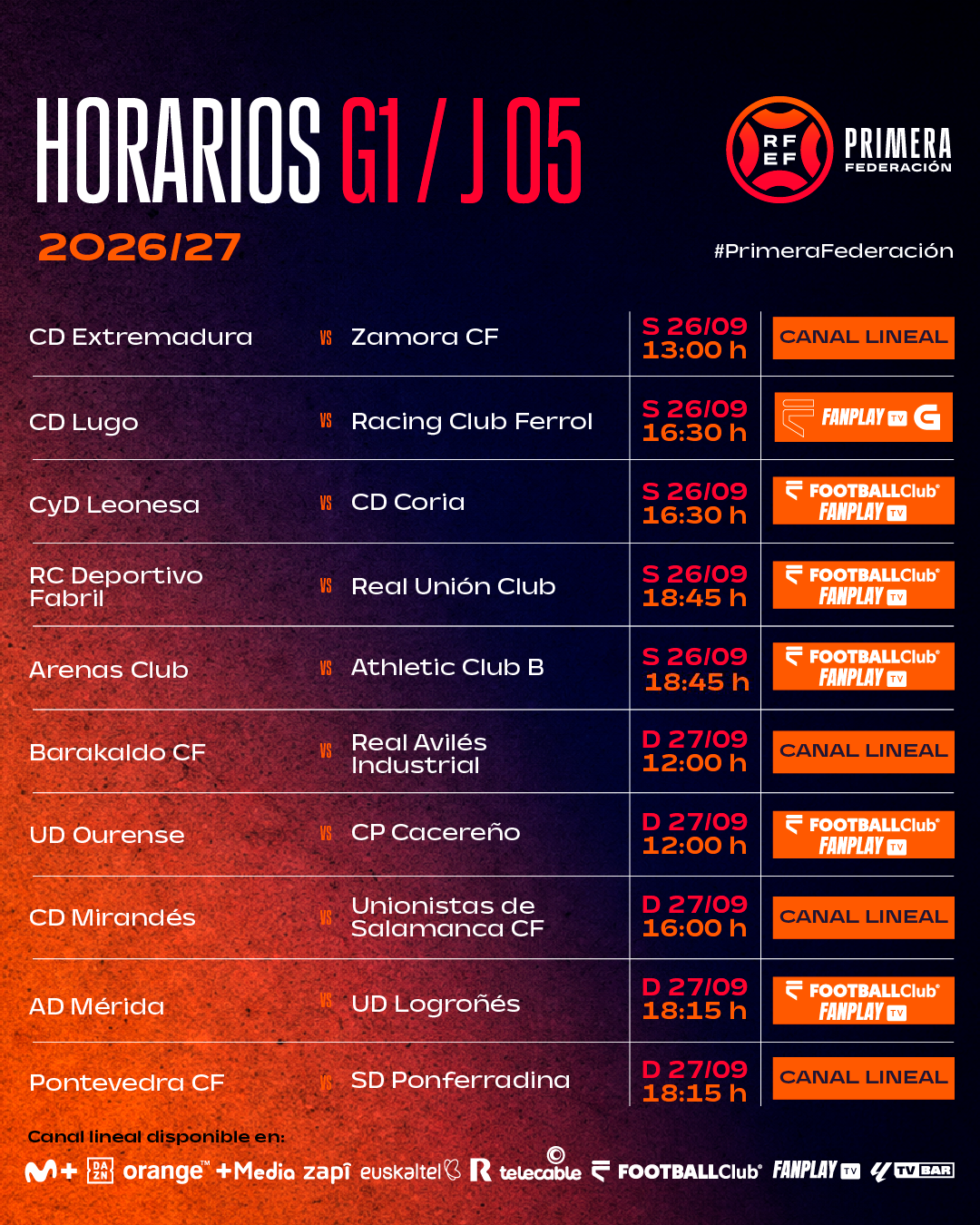 Horarios de la jornada 5 del Grupo 1 de Primera Federación 2026/27 con los partidos de Lugo, Racing de Ferrol, Fabril, UD Ourense y Pontevedra