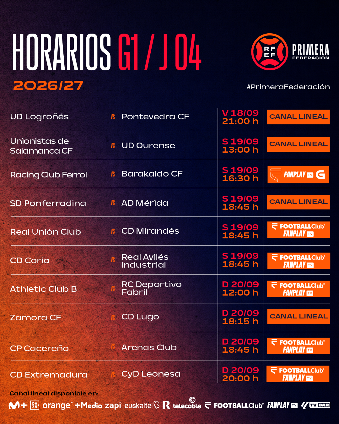 Horarios y televisiones de la jornada 4 del Grupo 1 de Primera Federación 2026/27
