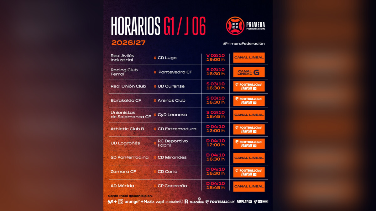 Horarios y televisiones de los equipos gallegos en la jornada 6 de Primera Federación