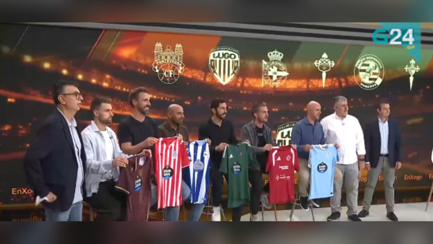 Entrenadores de los equipos gallegos con sus camisetas en el plató de En Xogo