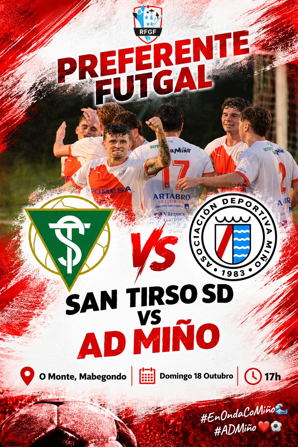 Cartel del San Tirso SD–AD Miño del 18 de octubre en O Monte, con los escudos de ambos equipos