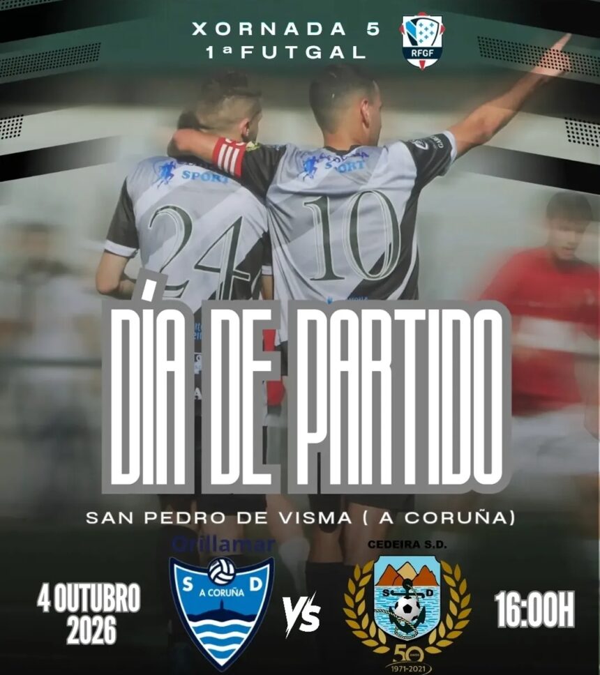 Dos jugadores del Cedeira celebran en el cartel del encuentro ante el Orillamar del 4 de octubre de 2026