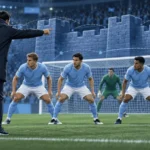 Ilustración táctica de un entrenador dirigiendo una defensa compacta con camisetas celestes