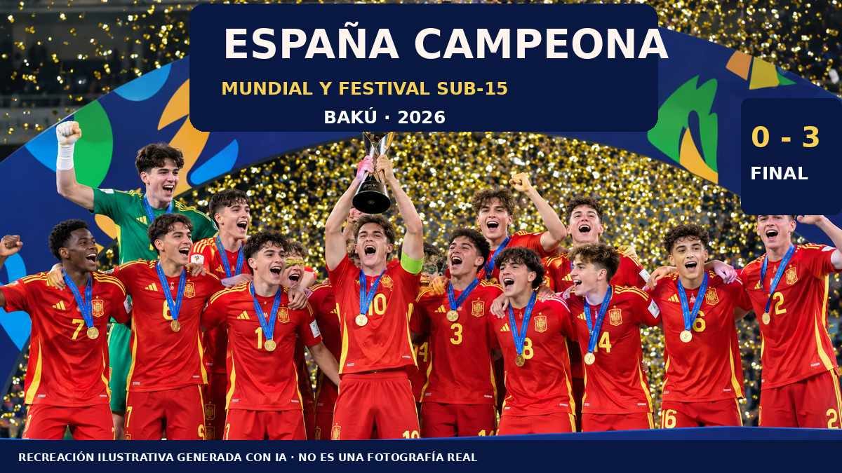 Ilustración generada con inteligencia artificial de la conquista del Mundial y Festival sub-15 de Bakú por España