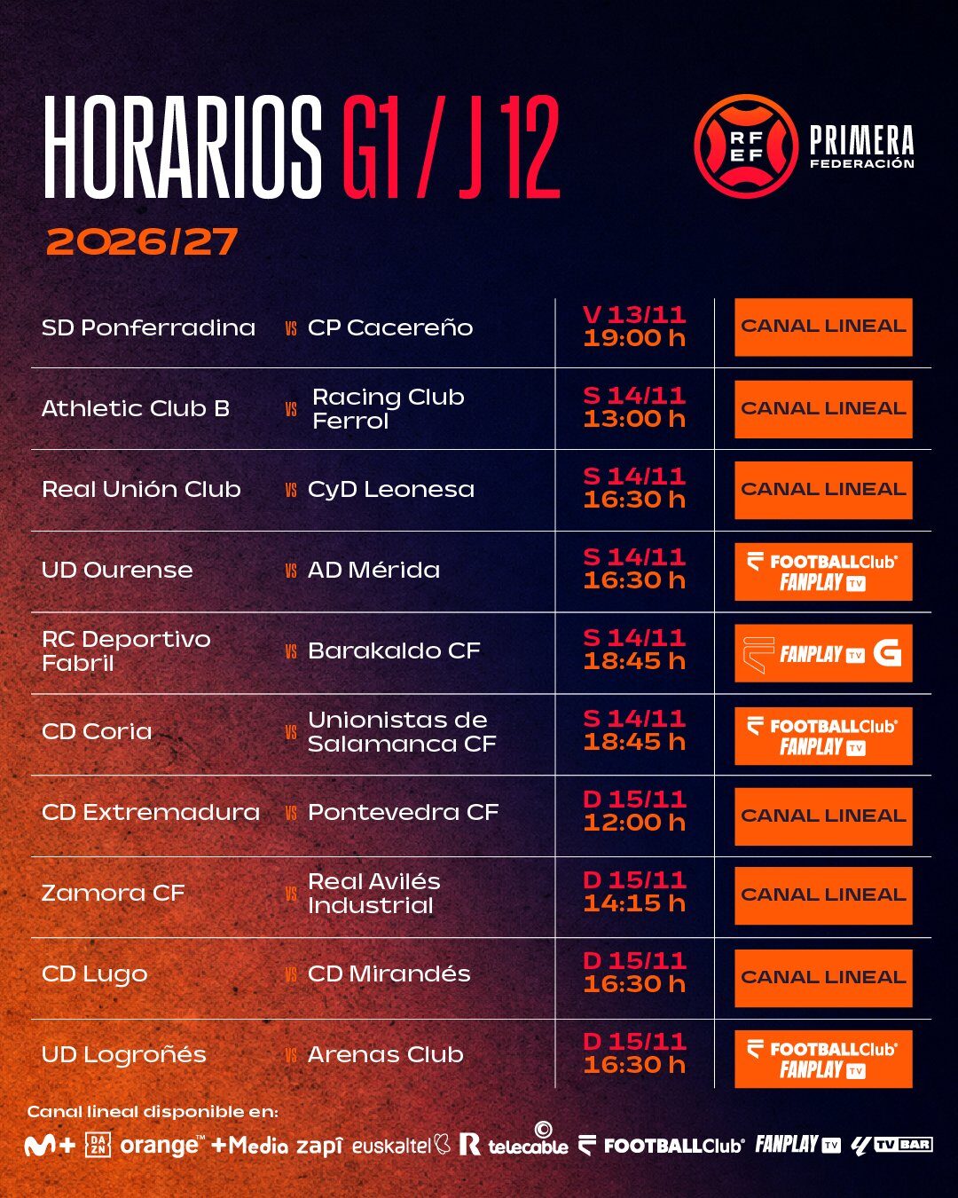 Horarios oficiales completos de la jornada 12 del grupo 1 de Primera Federación 2026/27