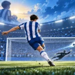 Ilustración de un futbolista blanquiazul lanzando un penalti y evocando su sueño de marcar en Primera