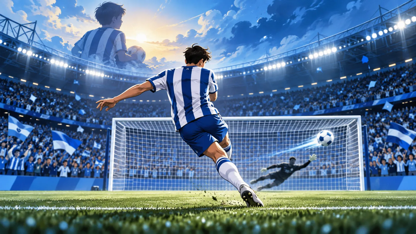 Ilustración de un futbolista blanquiazul lanzando un penalti y evocando su sueño de marcar en Primera